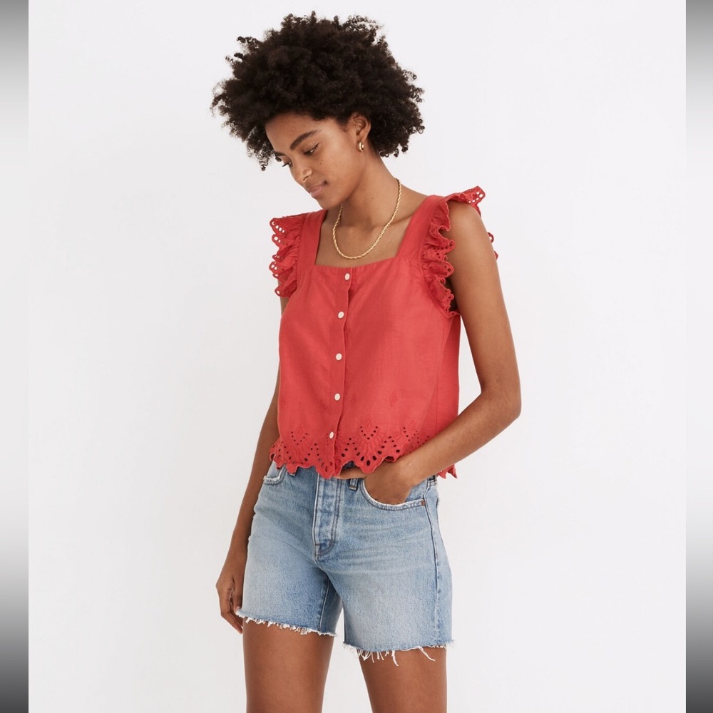 Madewell Eyelet Ruffle-Strap Button-Up Tank Top